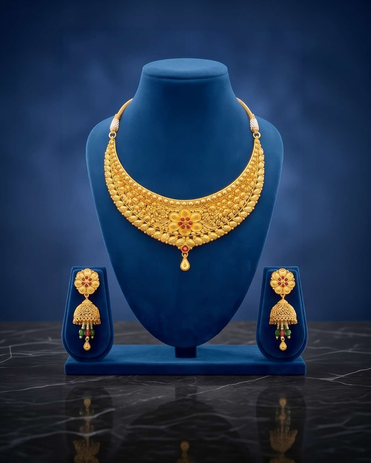 Traditional Gold Necklace Set with Jhumka Earrings